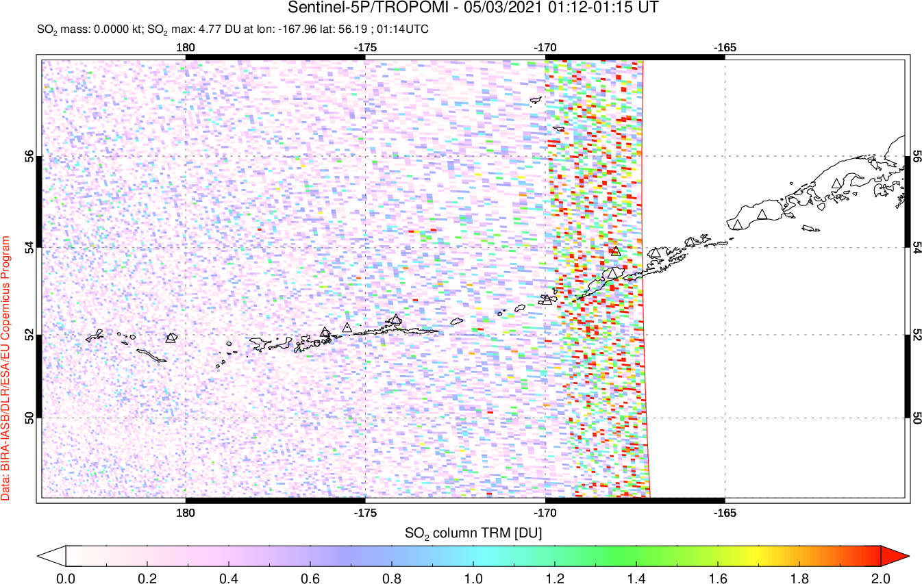 A sulfur dioxide image over Aleutian Islands, Alaska, USA on May 03, 2021.