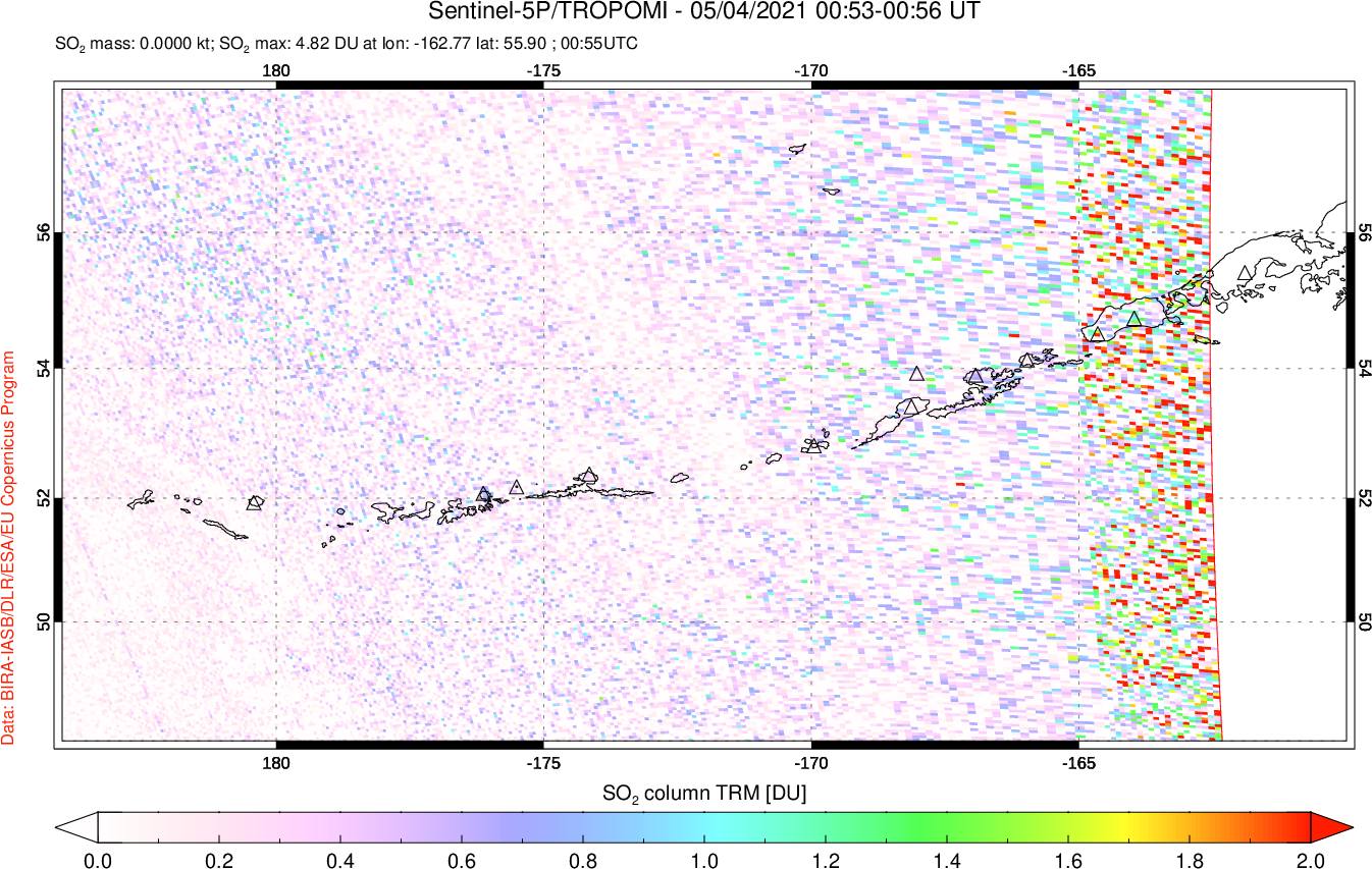 A sulfur dioxide image over Aleutian Islands, Alaska, USA on May 04, 2021.