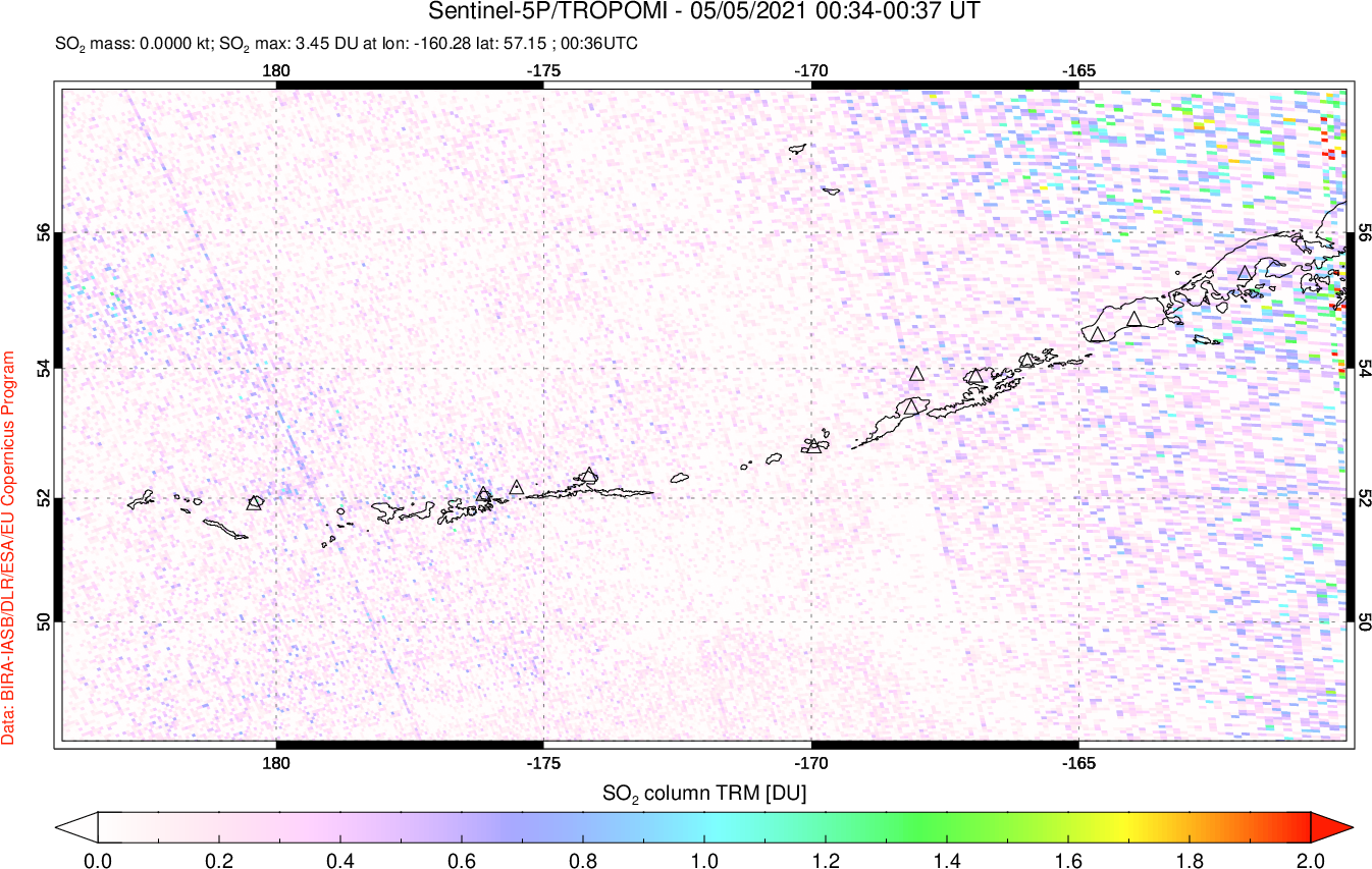 A sulfur dioxide image over Aleutian Islands, Alaska, USA on May 05, 2021.