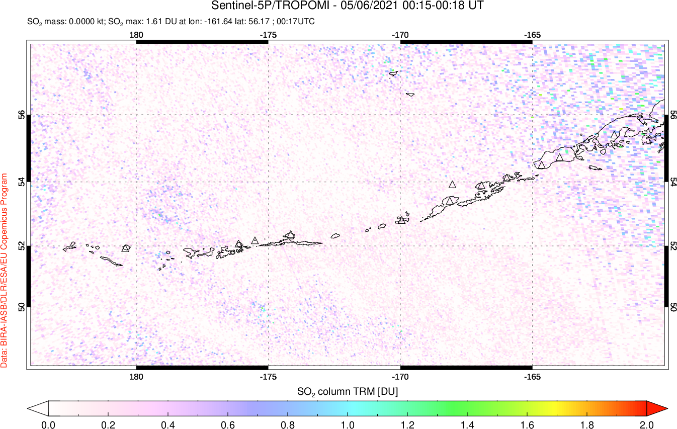A sulfur dioxide image over Aleutian Islands, Alaska, USA on May 06, 2021.