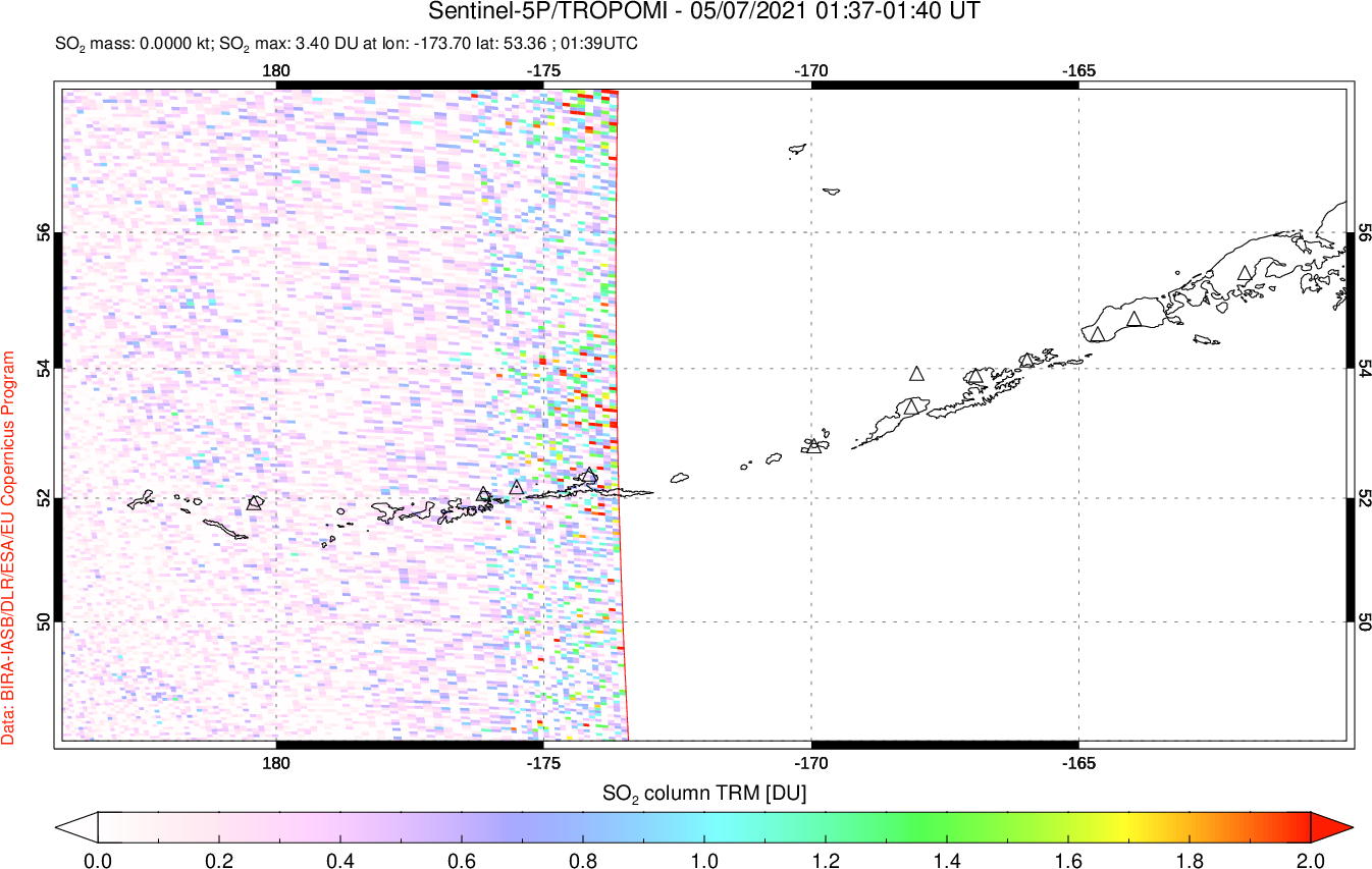 A sulfur dioxide image over Aleutian Islands, Alaska, USA on May 07, 2021.