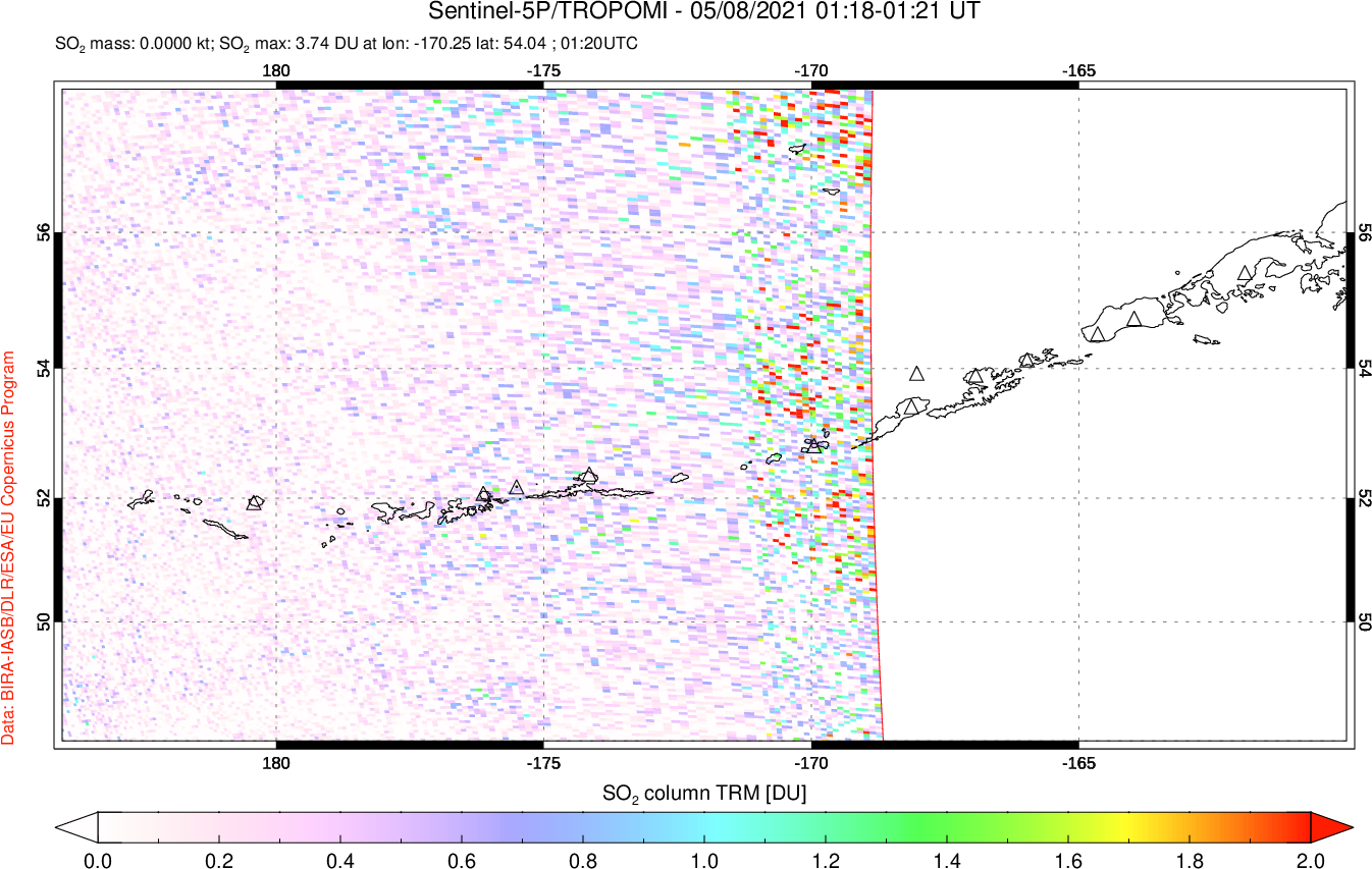 A sulfur dioxide image over Aleutian Islands, Alaska, USA on May 08, 2021.