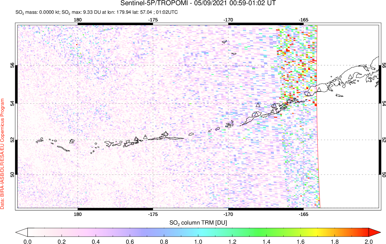 A sulfur dioxide image over Aleutian Islands, Alaska, USA on May 09, 2021.