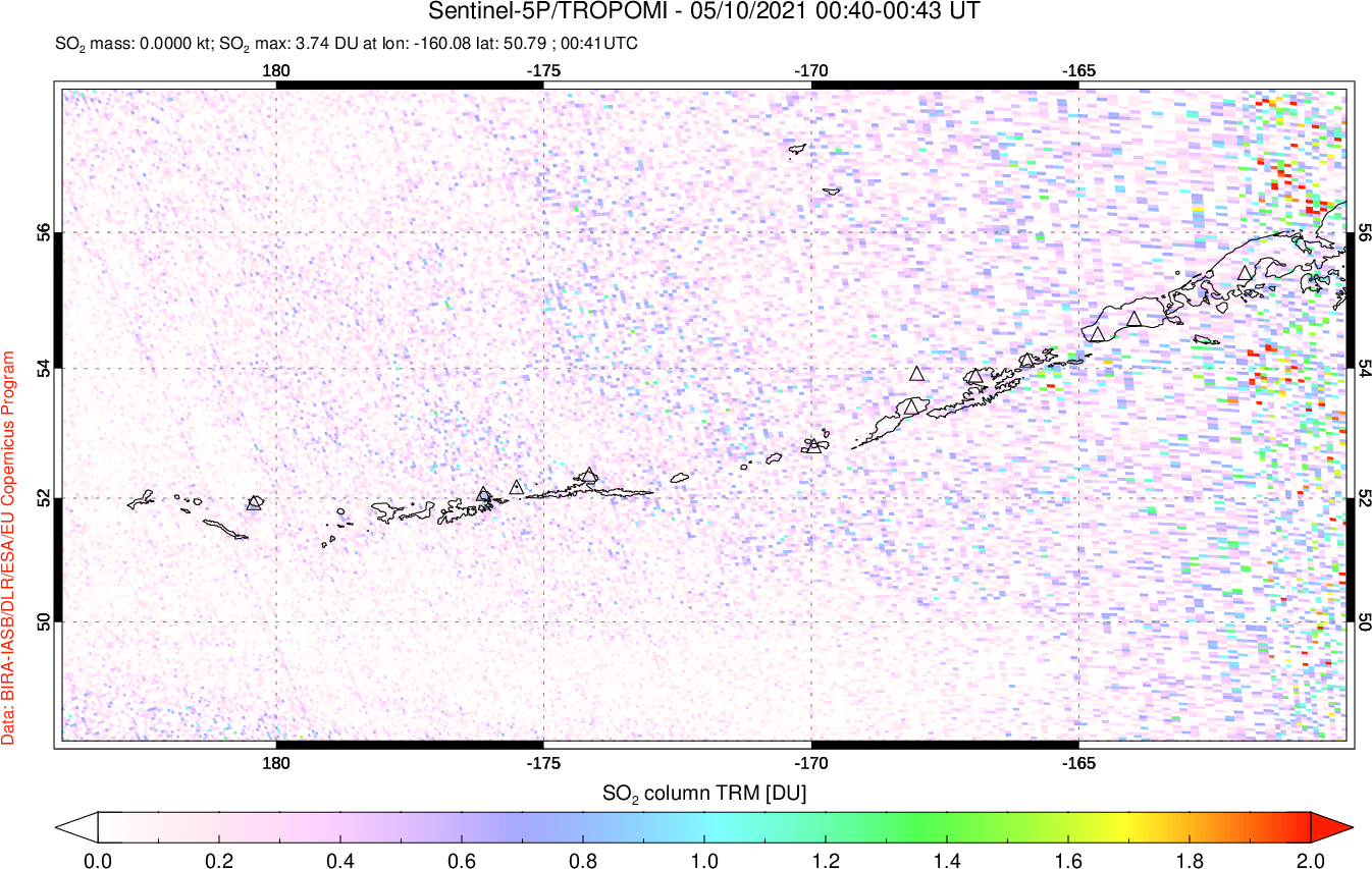A sulfur dioxide image over Aleutian Islands, Alaska, USA on May 10, 2021.