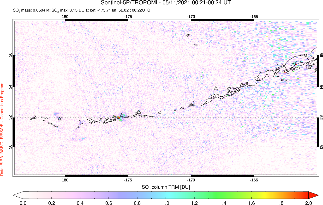 A sulfur dioxide image over Aleutian Islands, Alaska, USA on May 11, 2021.
