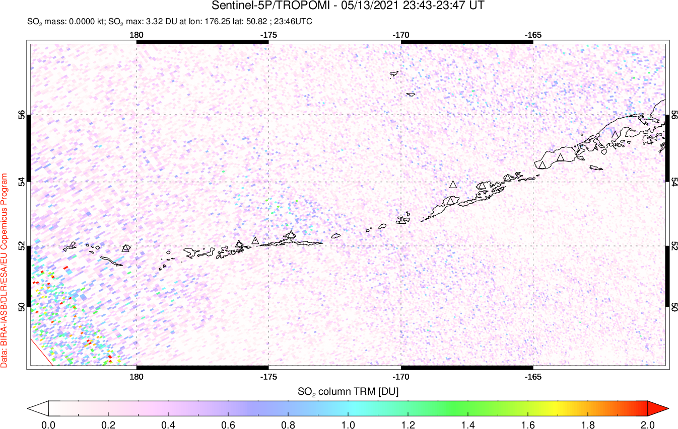 A sulfur dioxide image over Aleutian Islands, Alaska, USA on May 13, 2021.