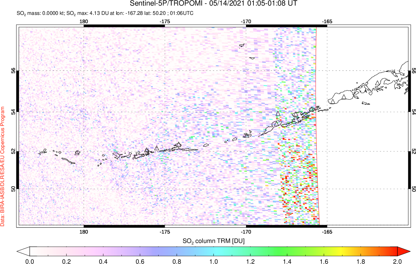 A sulfur dioxide image over Aleutian Islands, Alaska, USA on May 14, 2021.