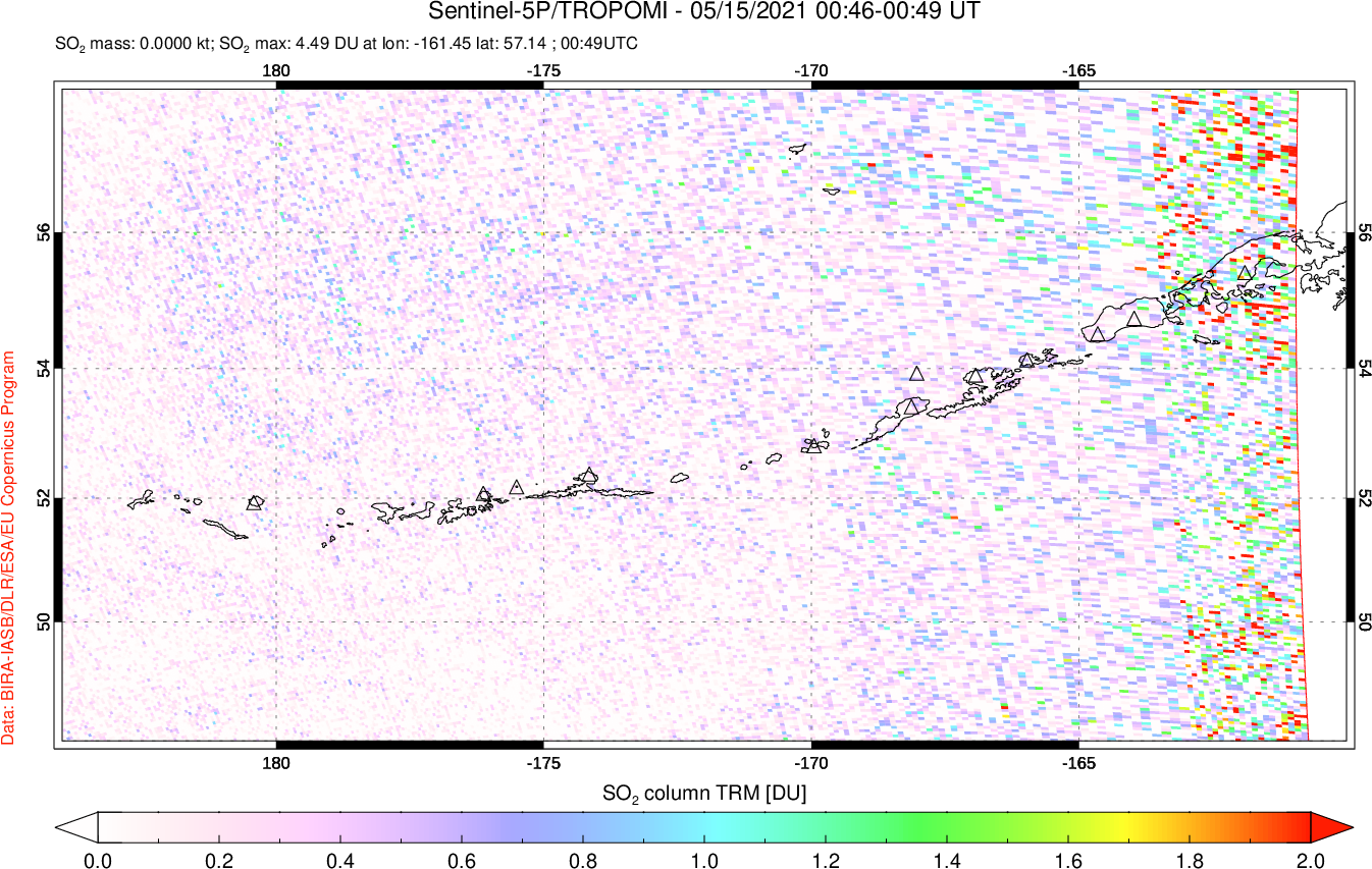 A sulfur dioxide image over Aleutian Islands, Alaska, USA on May 15, 2021.