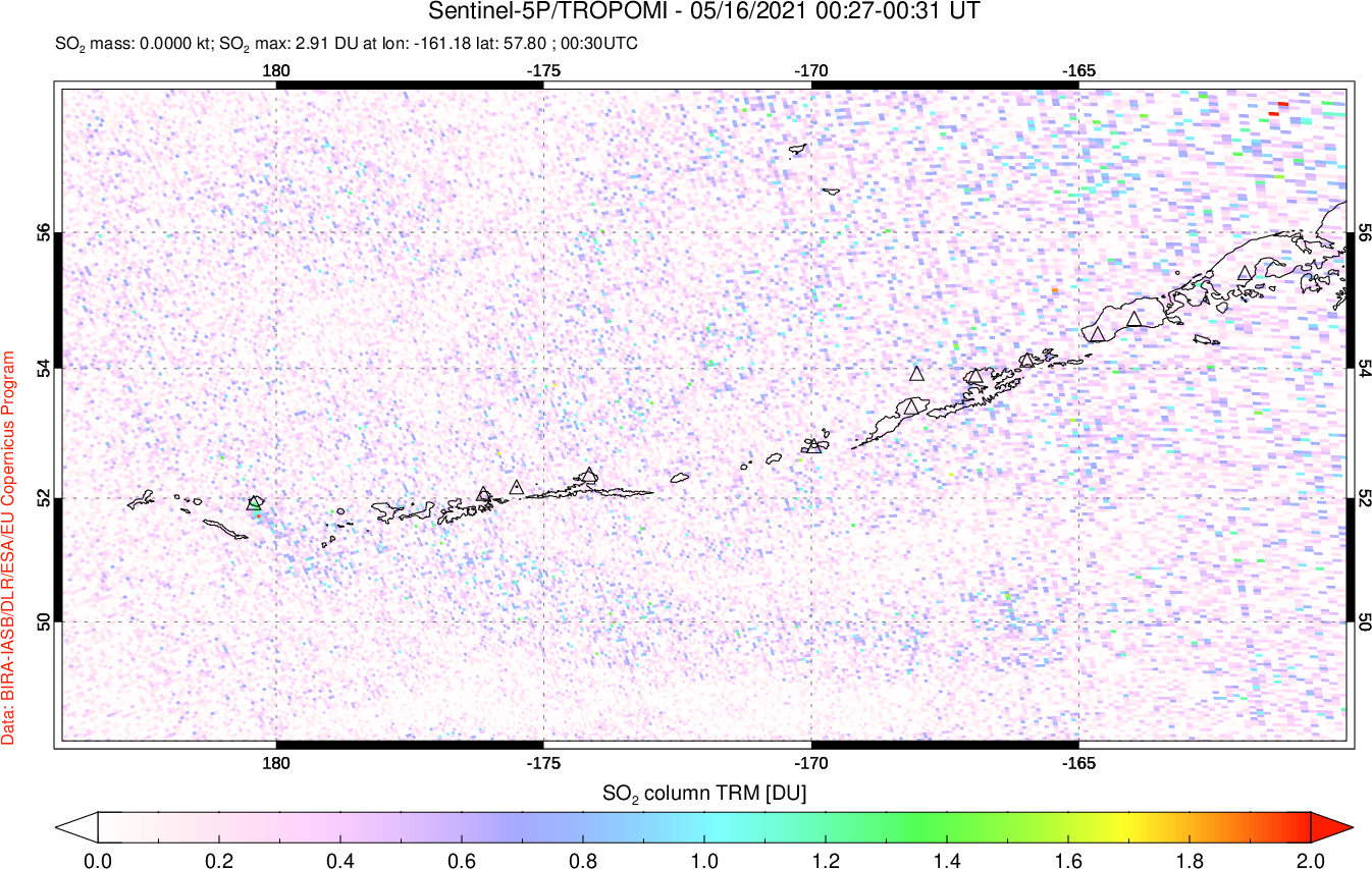 A sulfur dioxide image over Aleutian Islands, Alaska, USA on May 16, 2021.