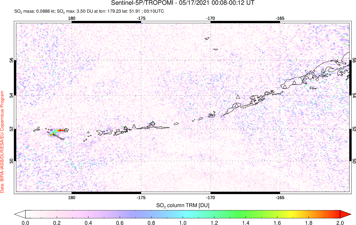 A sulfur dioxide image over Aleutian Islands, Alaska, USA on May 17, 2021.