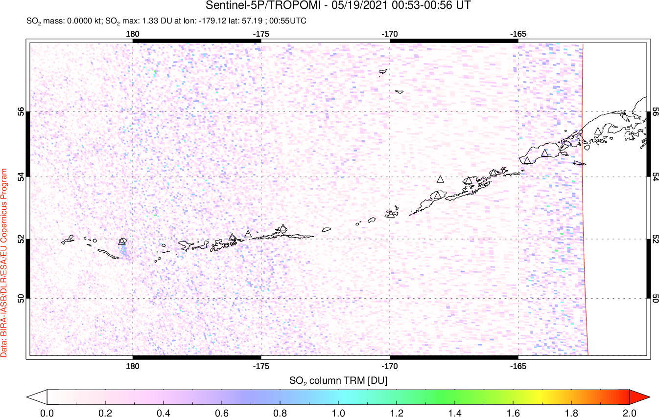 A sulfur dioxide image over Aleutian Islands, Alaska, USA on May 19, 2021.