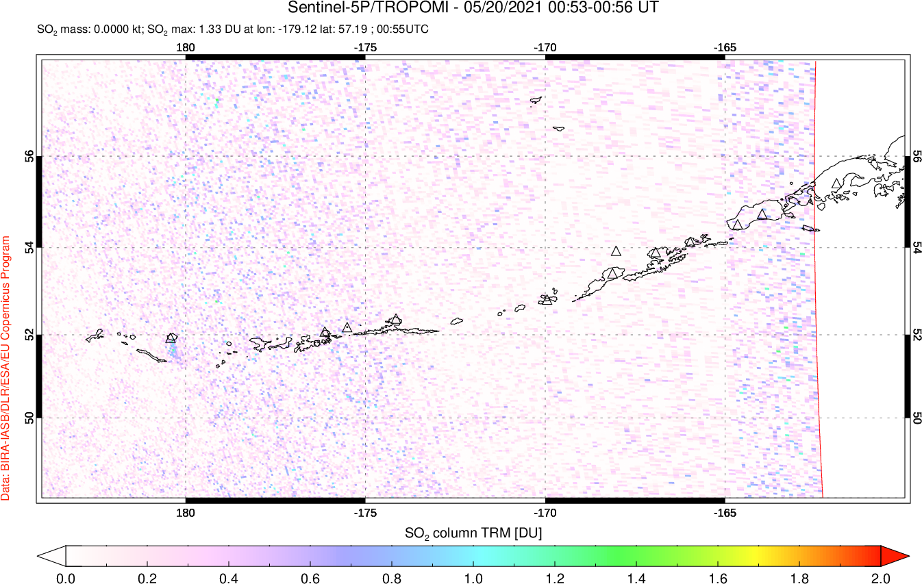 A sulfur dioxide image over Aleutian Islands, Alaska, USA on May 20, 2021.