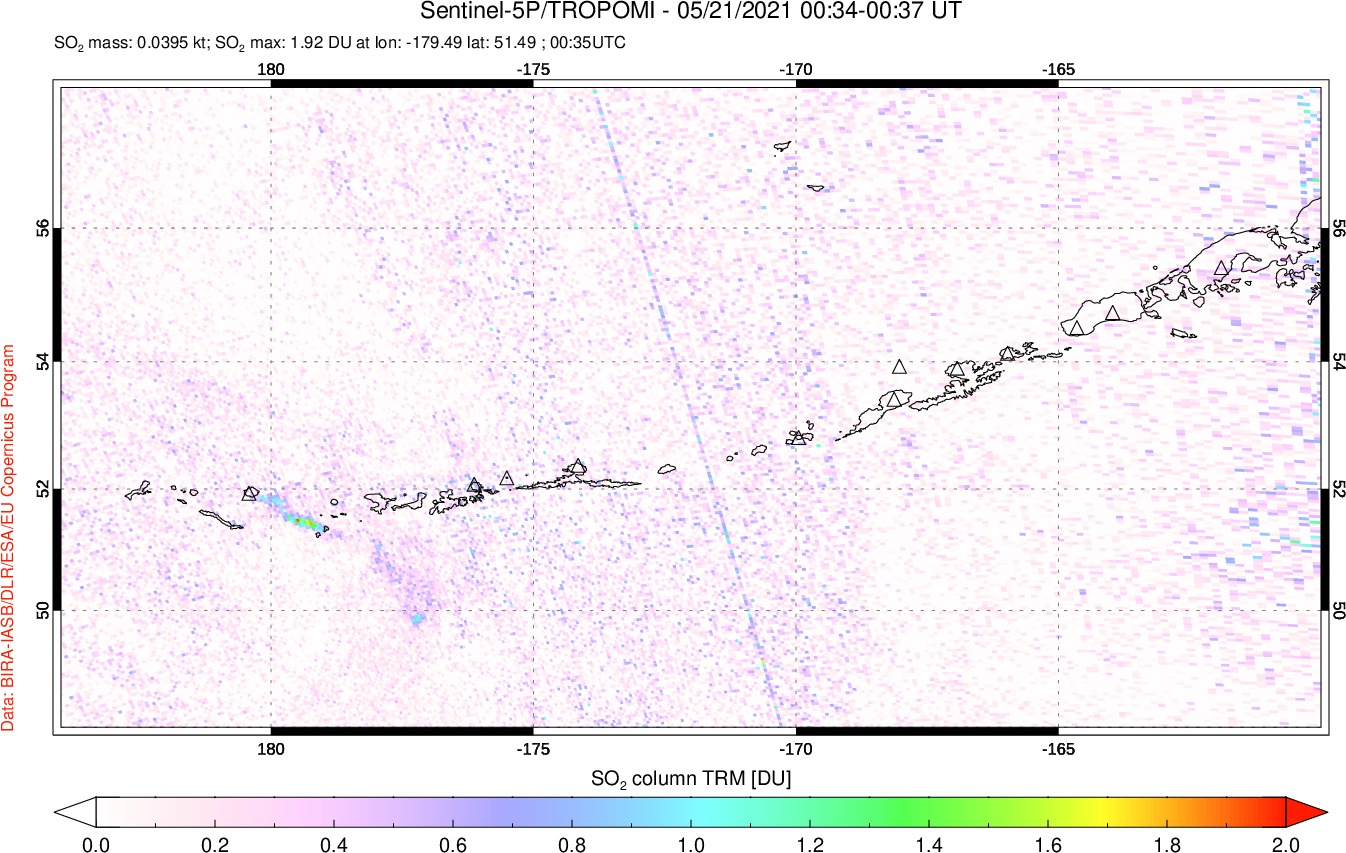 A sulfur dioxide image over Aleutian Islands, Alaska, USA on May 21, 2021.