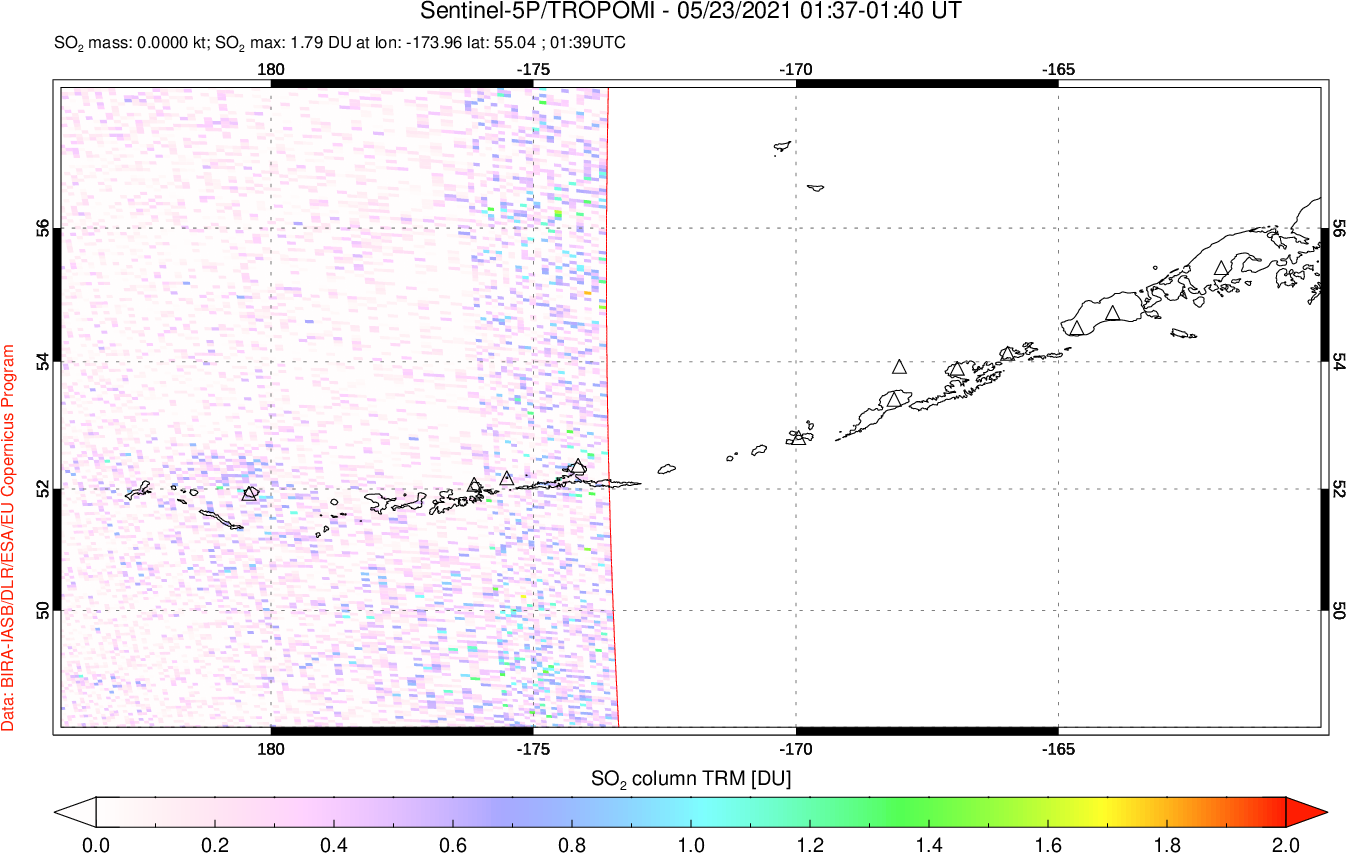 A sulfur dioxide image over Aleutian Islands, Alaska, USA on May 23, 2021.