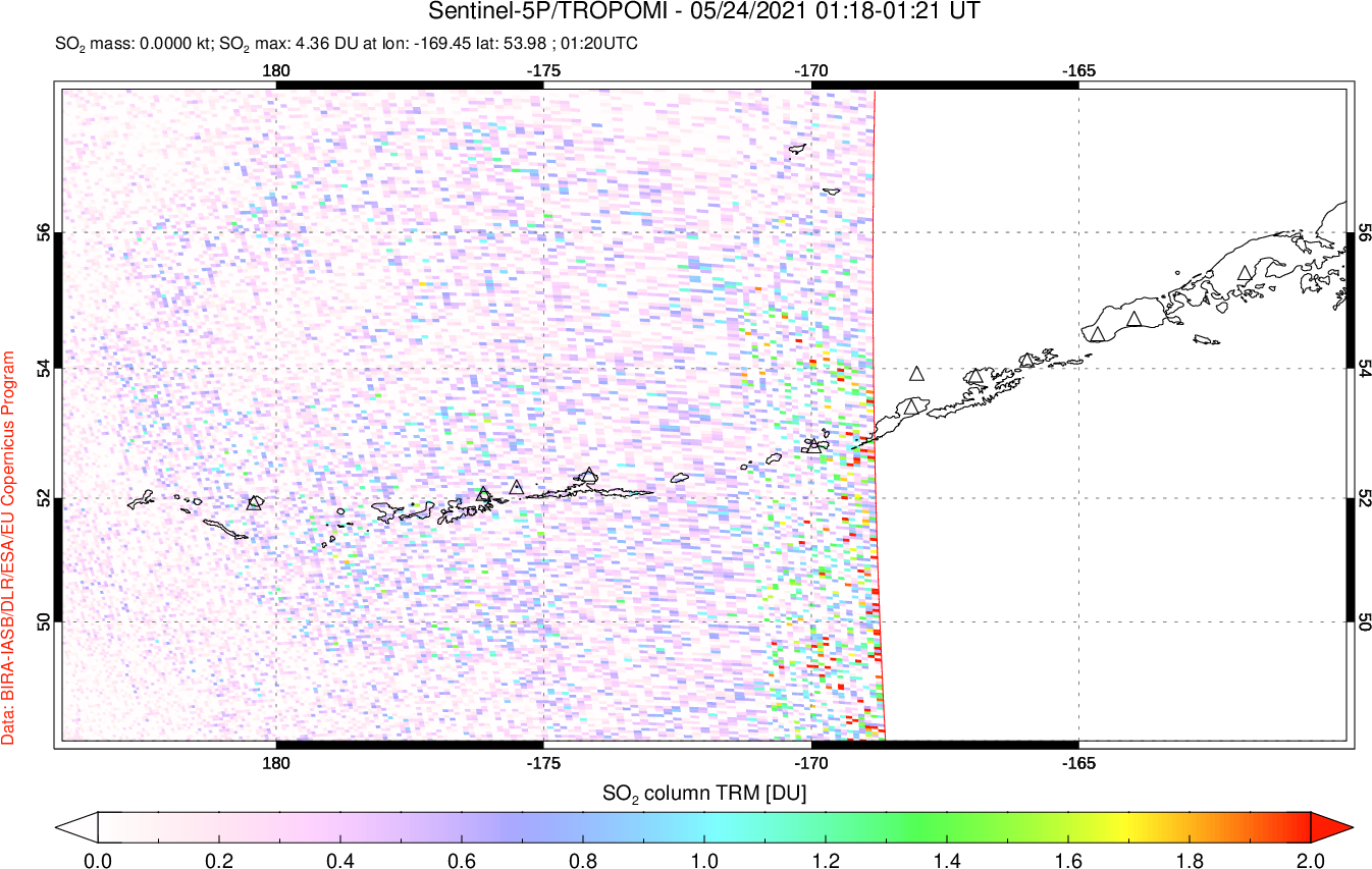 A sulfur dioxide image over Aleutian Islands, Alaska, USA on May 24, 2021.