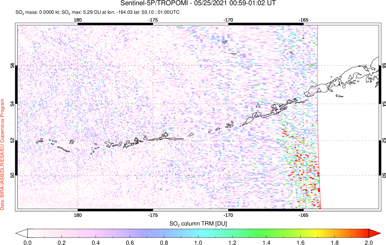 A sulfur dioxide image over Aleutian Islands, Alaska, USA on May 25, 2021.
