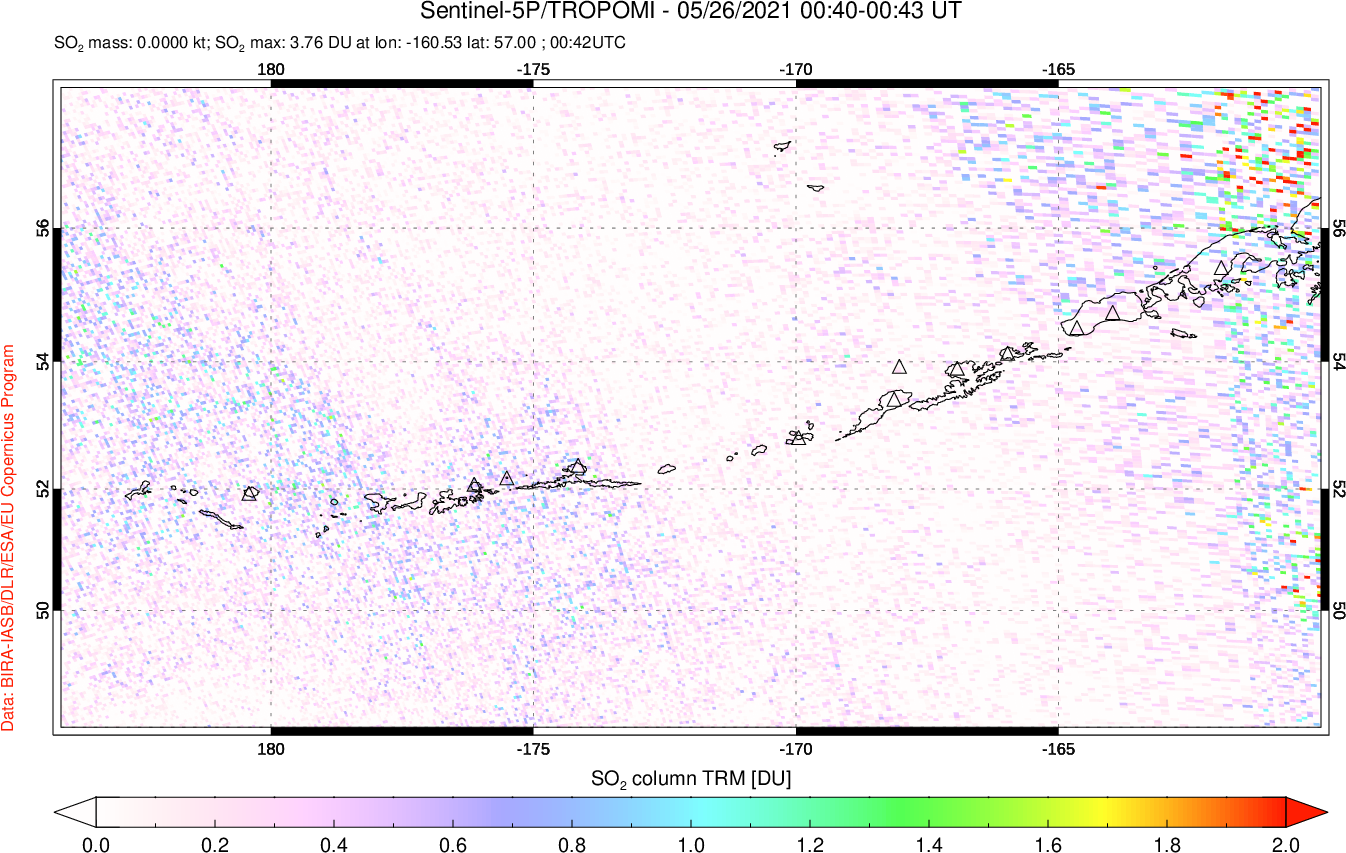 A sulfur dioxide image over Aleutian Islands, Alaska, USA on May 26, 2021.