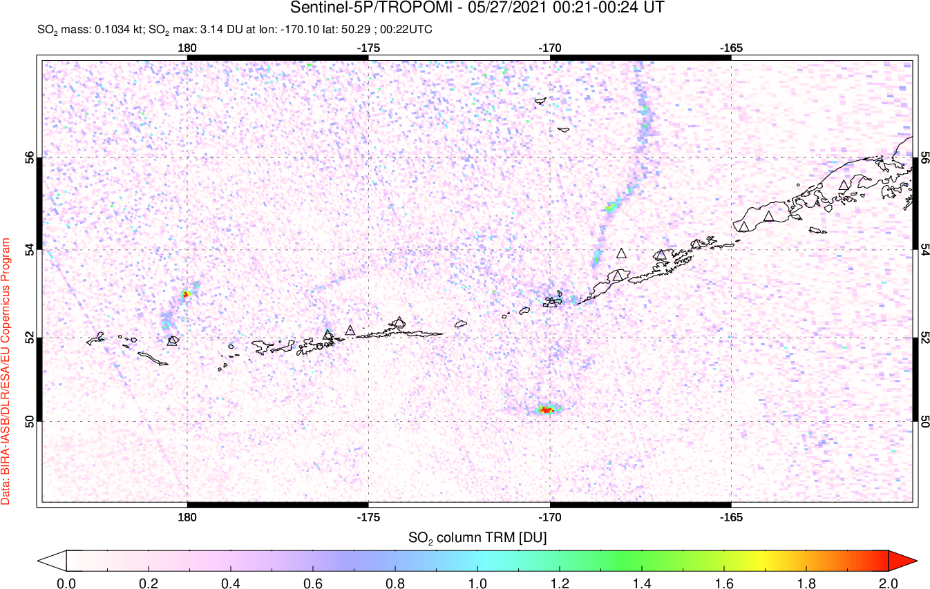 A sulfur dioxide image over Aleutian Islands, Alaska, USA on May 27, 2021.