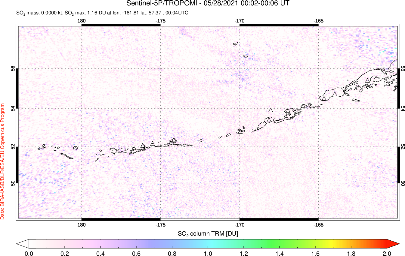 A sulfur dioxide image over Aleutian Islands, Alaska, USA on May 28, 2021.