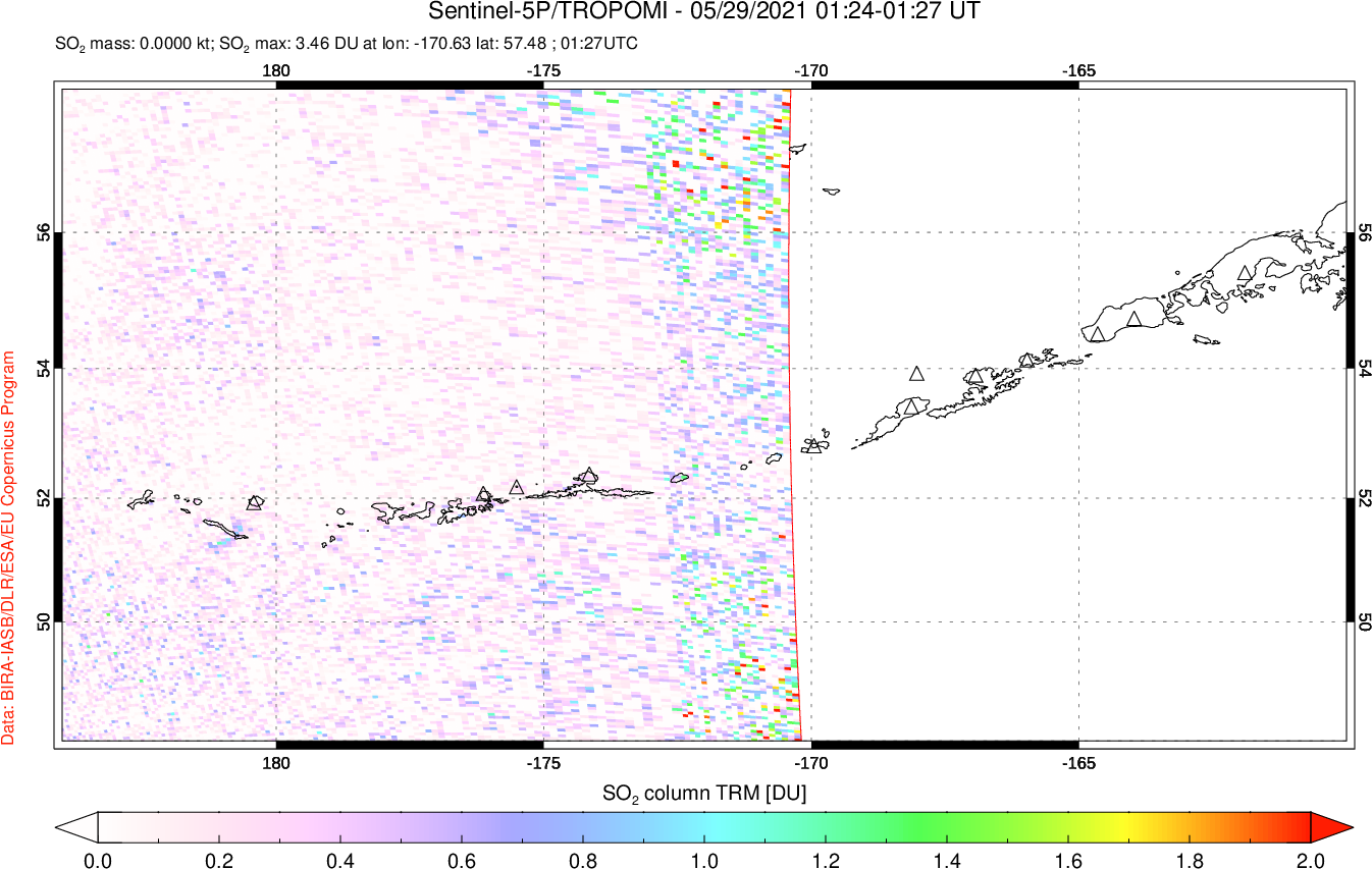 A sulfur dioxide image over Aleutian Islands, Alaska, USA on May 29, 2021.