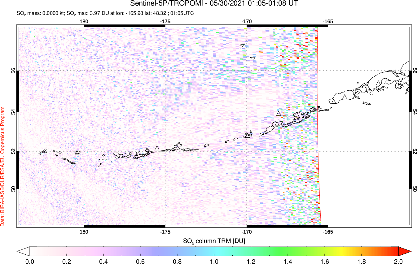 A sulfur dioxide image over Aleutian Islands, Alaska, USA on May 30, 2021.