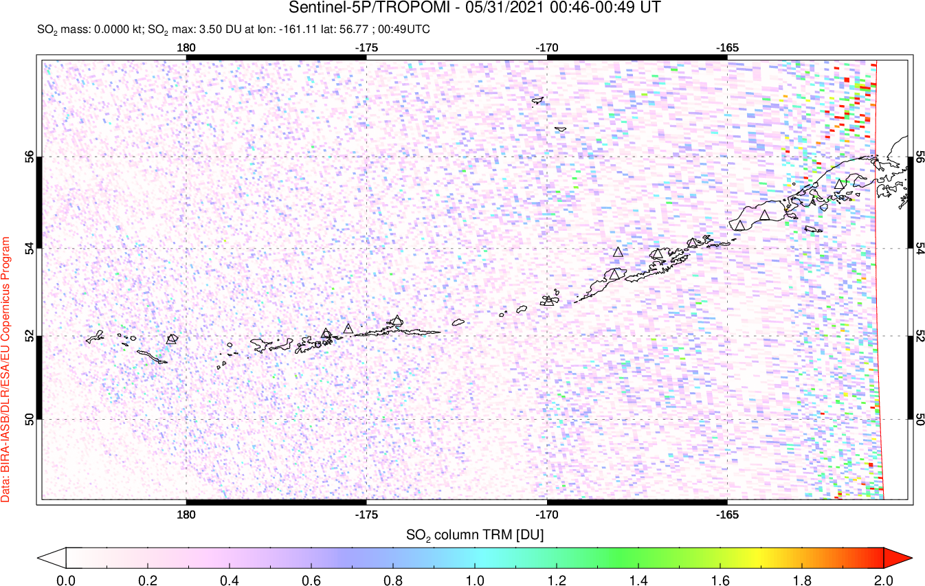 A sulfur dioxide image over Aleutian Islands, Alaska, USA on May 31, 2021.