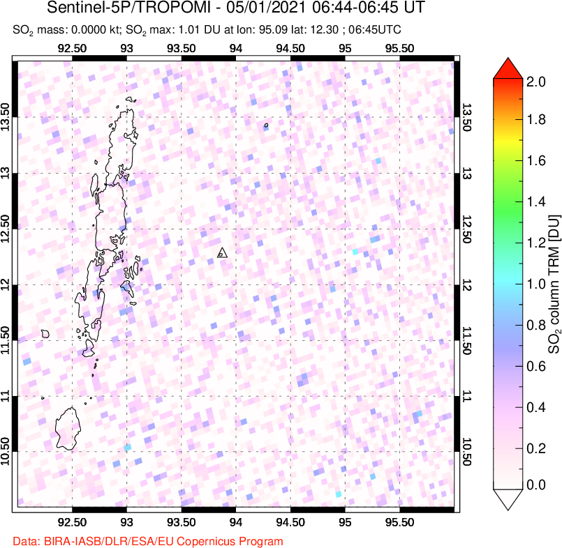 A sulfur dioxide image over Andaman Islands, Indian Ocean on May 01, 2021.