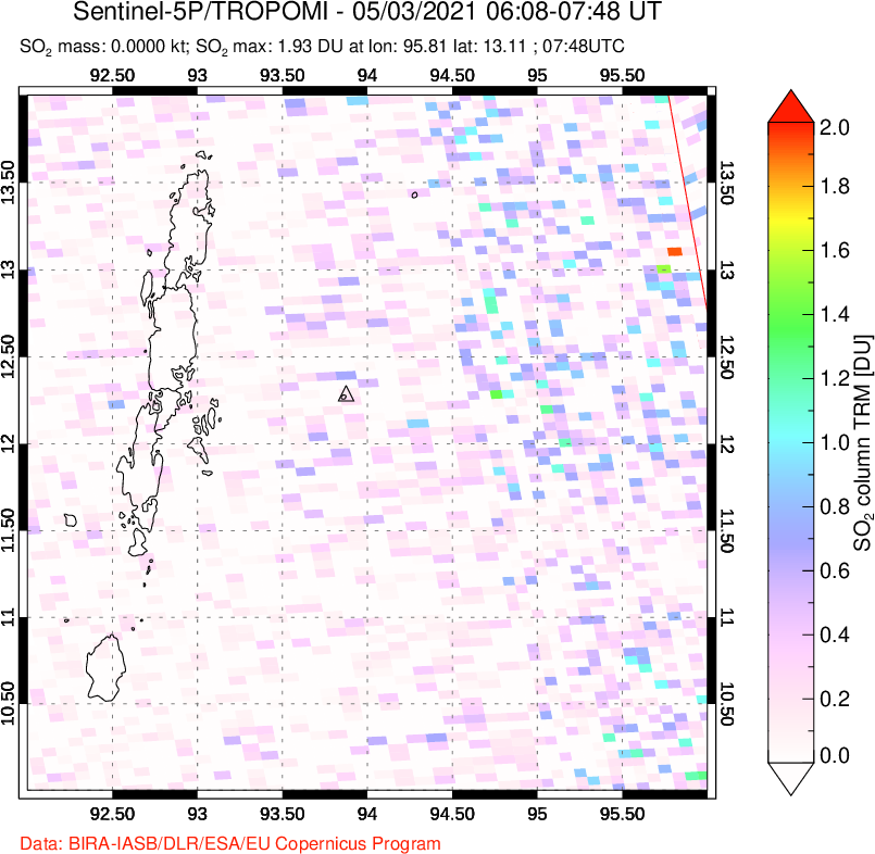 A sulfur dioxide image over Andaman Islands, Indian Ocean on May 03, 2021.