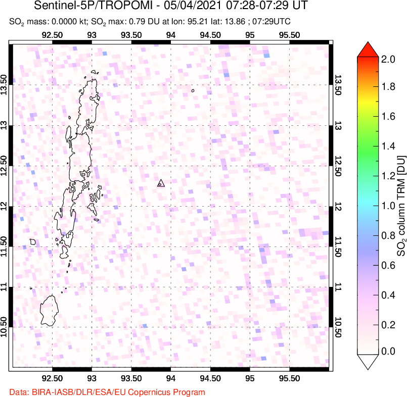 A sulfur dioxide image over Andaman Islands, Indian Ocean on May 04, 2021.