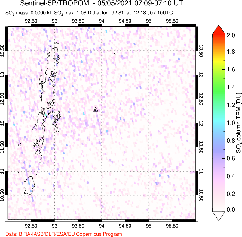 A sulfur dioxide image over Andaman Islands, Indian Ocean on May 05, 2021.