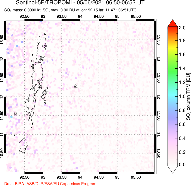 A sulfur dioxide image over Andaman Islands, Indian Ocean on May 06, 2021.