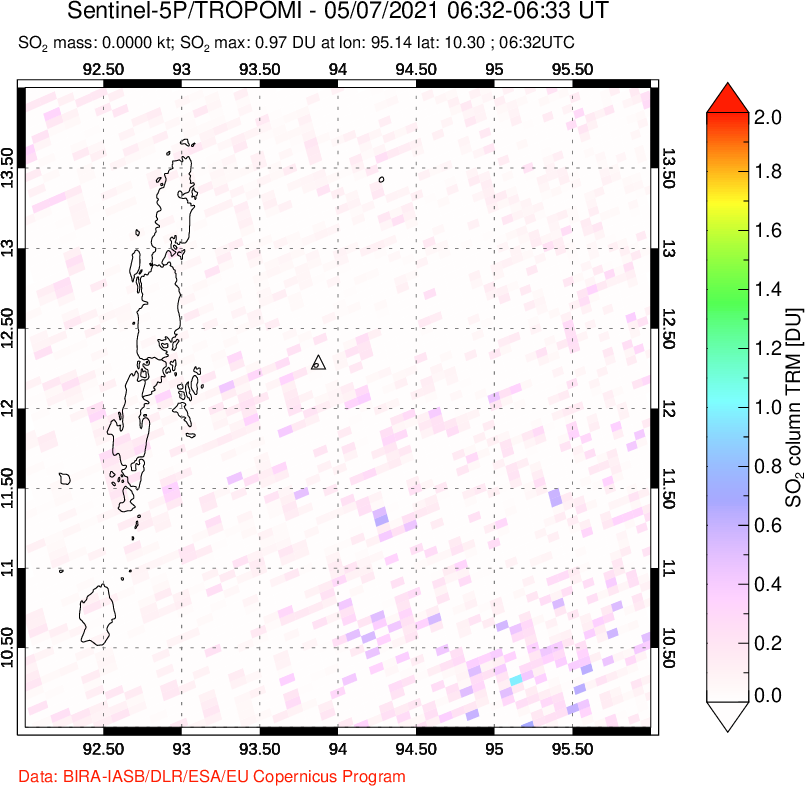 A sulfur dioxide image over Andaman Islands, Indian Ocean on May 07, 2021.