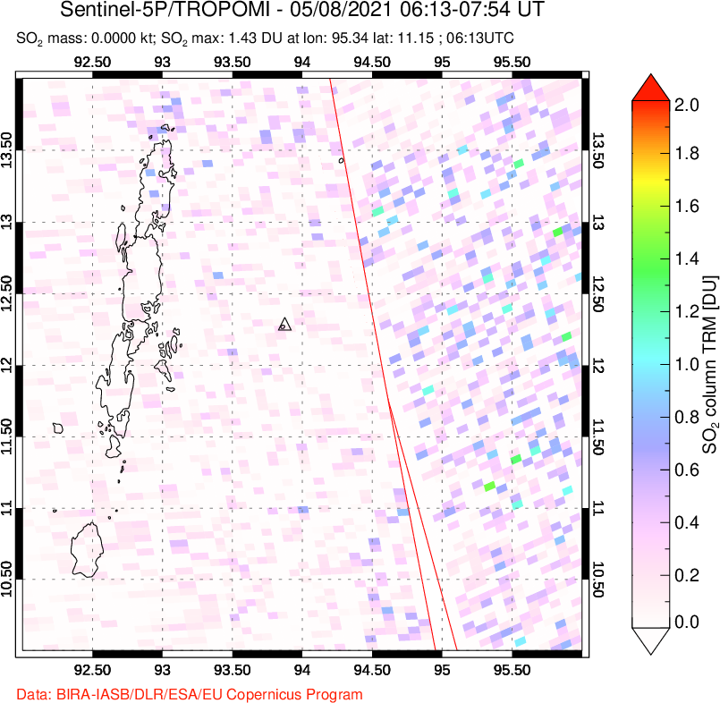 A sulfur dioxide image over Andaman Islands, Indian Ocean on May 08, 2021.