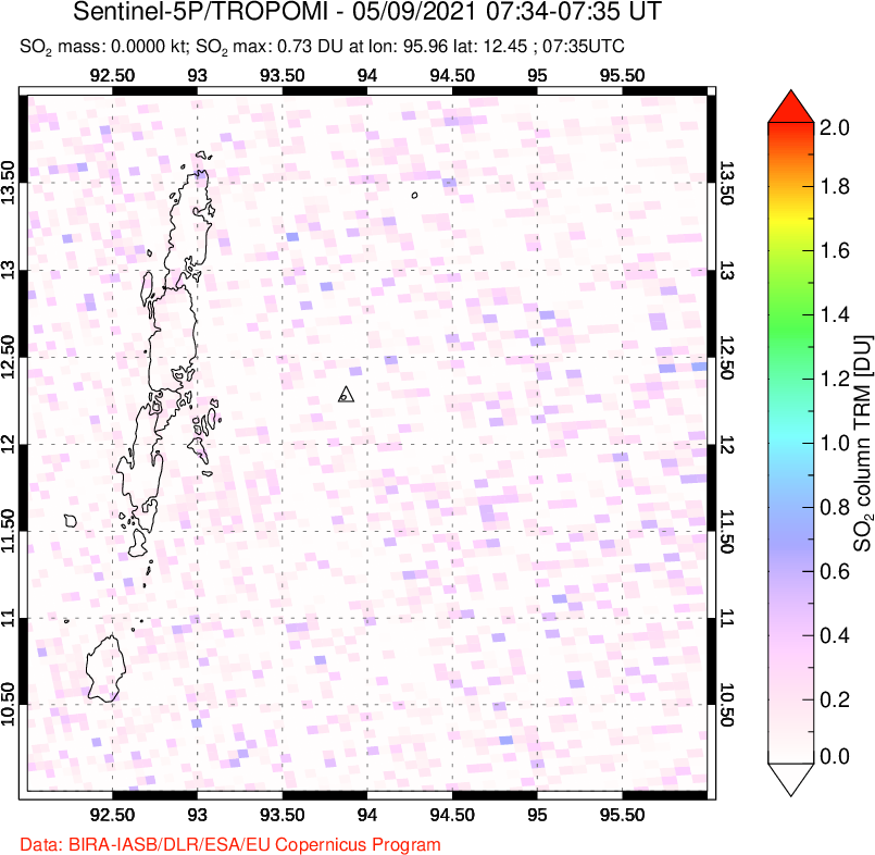A sulfur dioxide image over Andaman Islands, Indian Ocean on May 09, 2021.