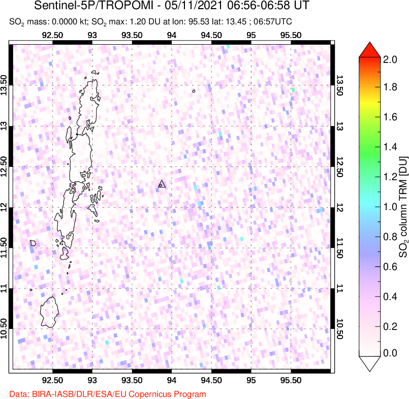 A sulfur dioxide image over Andaman Islands, Indian Ocean on May 11, 2021.