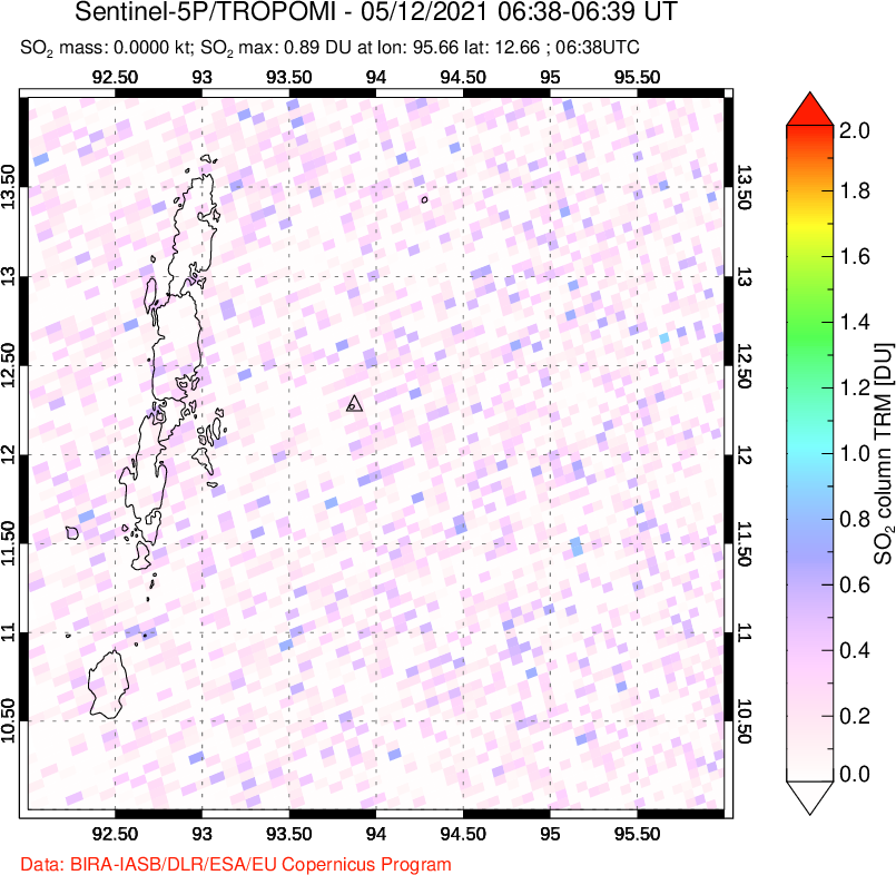 A sulfur dioxide image over Andaman Islands, Indian Ocean on May 12, 2021.