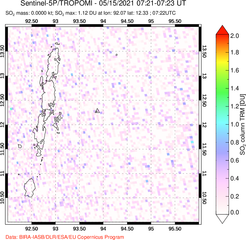 A sulfur dioxide image over Andaman Islands, Indian Ocean on May 15, 2021.