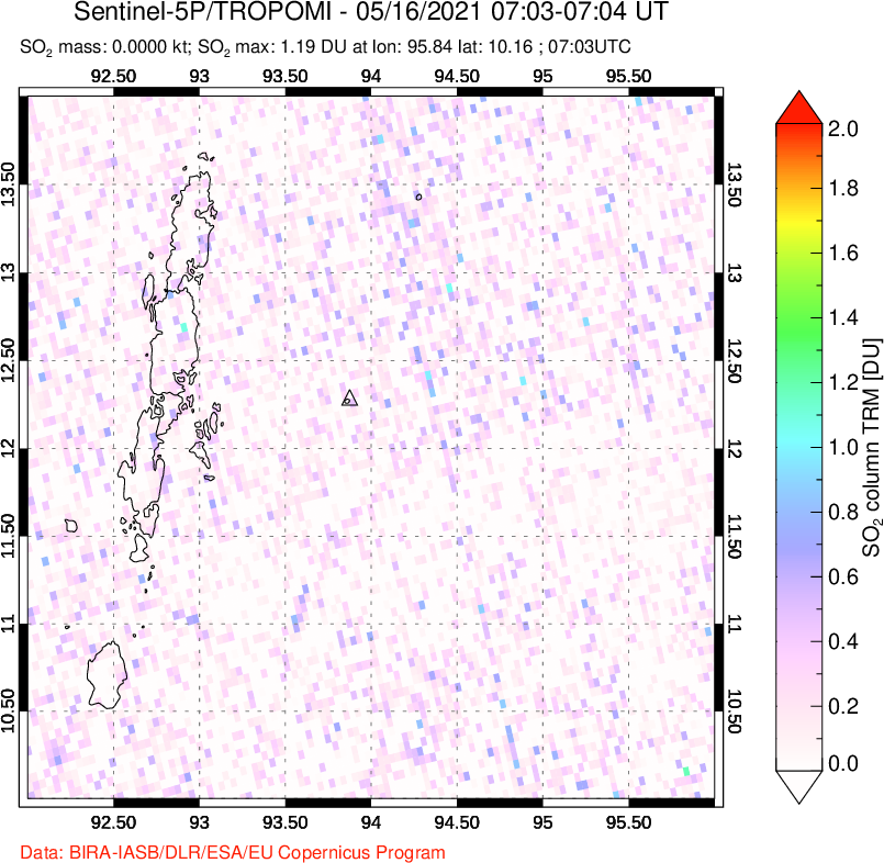 A sulfur dioxide image over Andaman Islands, Indian Ocean on May 16, 2021.