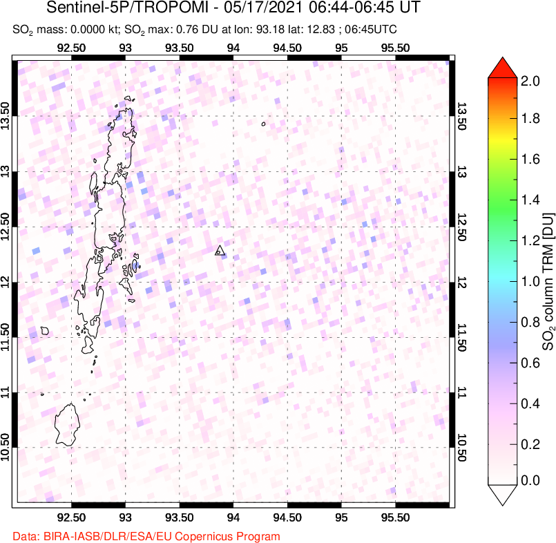 A sulfur dioxide image over Andaman Islands, Indian Ocean on May 17, 2021.