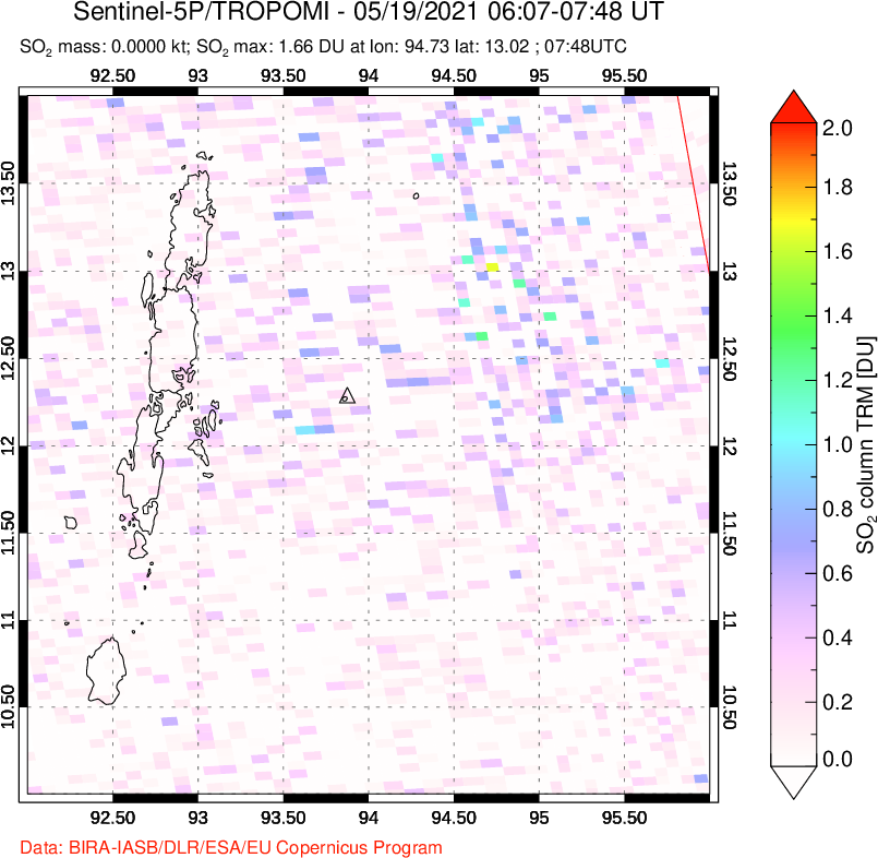 A sulfur dioxide image over Andaman Islands, Indian Ocean on May 19, 2021.