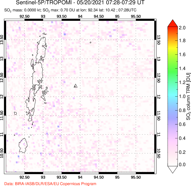 A sulfur dioxide image over Andaman Islands, Indian Ocean on May 20, 2021.