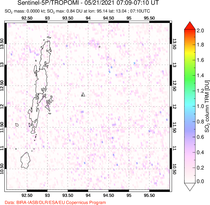 A sulfur dioxide image over Andaman Islands, Indian Ocean on May 21, 2021.