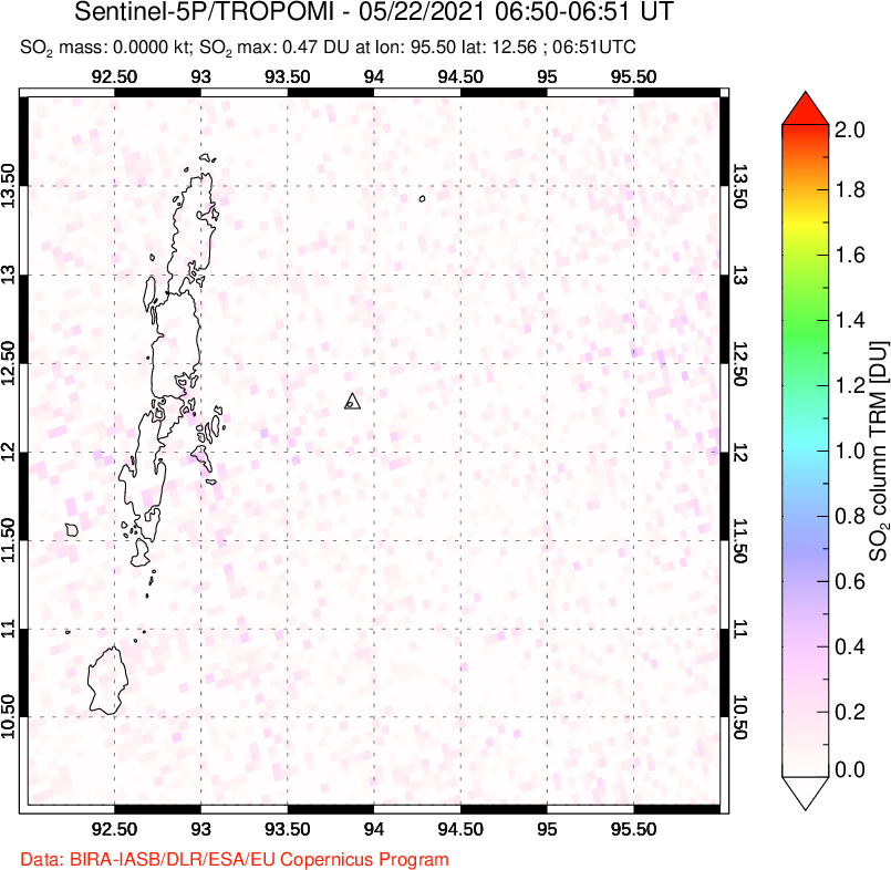 A sulfur dioxide image over Andaman Islands, Indian Ocean on May 22, 2021.