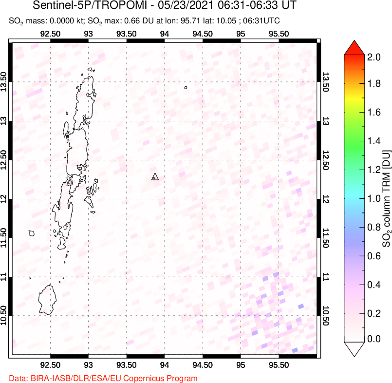 A sulfur dioxide image over Andaman Islands, Indian Ocean on May 23, 2021.