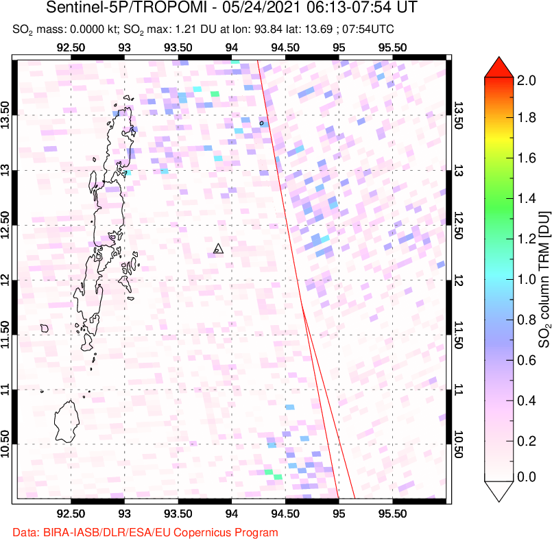 A sulfur dioxide image over Andaman Islands, Indian Ocean on May 24, 2021.