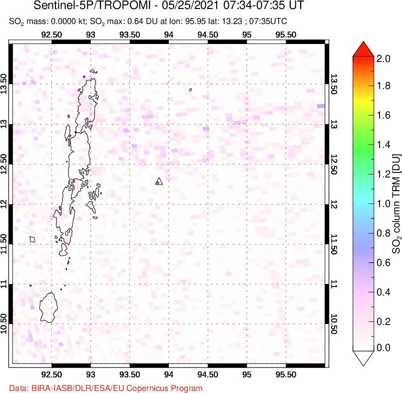 A sulfur dioxide image over Andaman Islands, Indian Ocean on May 25, 2021.