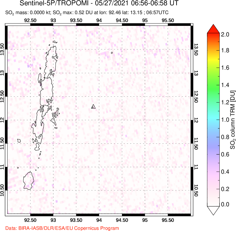 A sulfur dioxide image over Andaman Islands, Indian Ocean on May 27, 2021.