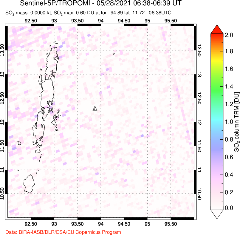 A sulfur dioxide image over Andaman Islands, Indian Ocean on May 28, 2021.