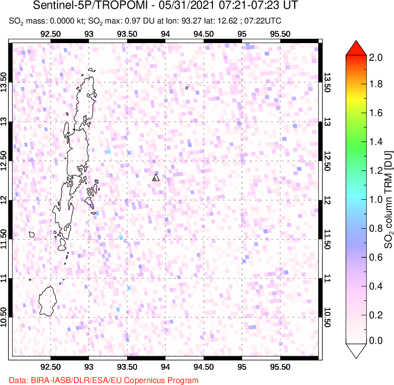 A sulfur dioxide image over Andaman Islands, Indian Ocean on May 31, 2021.