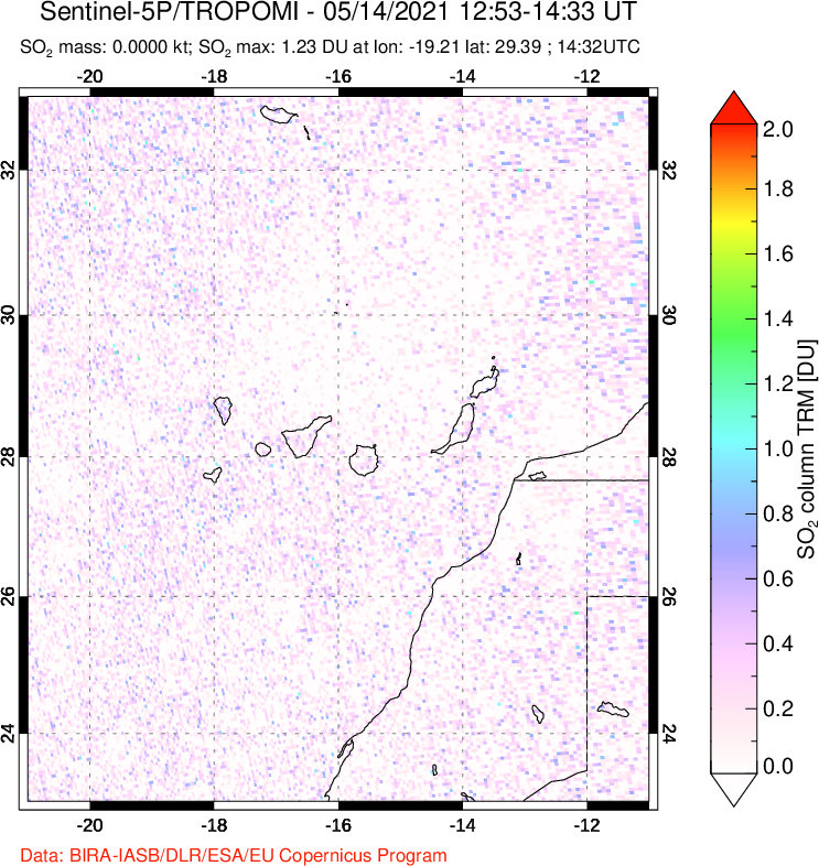 A sulfur dioxide image over Canary Islands on May 14, 2021.